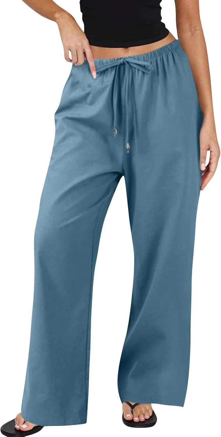 Baggy Linen Pants Women Casual Elastic High Waisted Wide Leg Palazzo Pants Lightweight Flowy Beach Pant Resort Wear