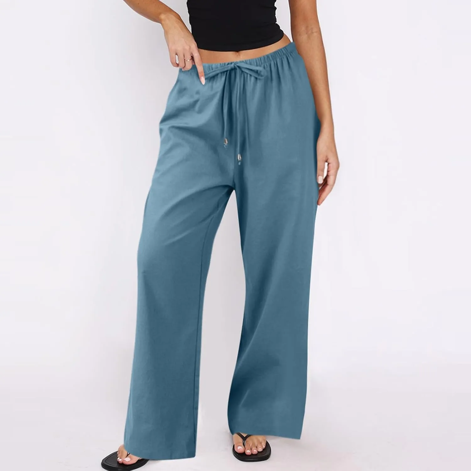 Baggy Linen Pants Women Casual Elastic High Waisted Wide Leg Palazzo Pants Lightweight Flowy Beach Pant Resort Wear