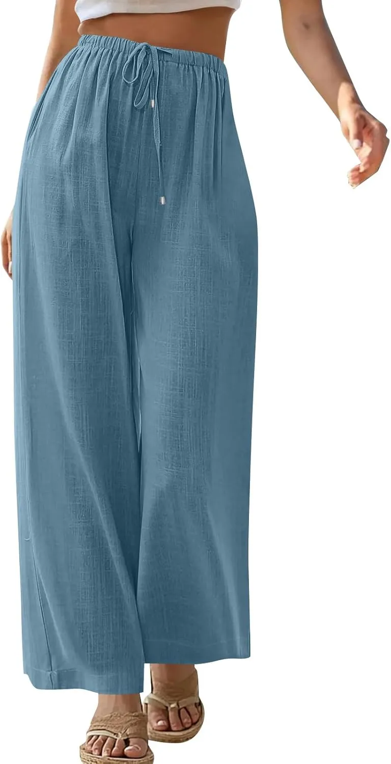 Baggy Linen Pants Women Casual Elastic High Waisted Wide Leg Palazzo Pants Lightweight Flowy Beach Pant Resort Wear