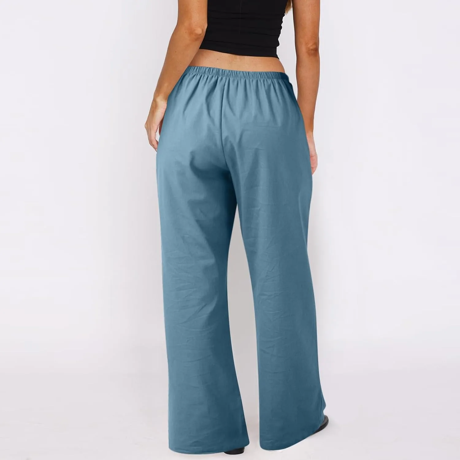 Baggy Linen Pants Women Casual Elastic High Waisted Wide Leg Palazzo Pants Lightweight Flowy Beach Pant Resort Wear