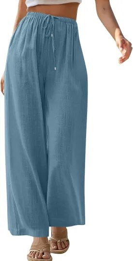 Baggy Linen Pants Women Casual Elastic High Waisted Wide Leg Palazzo Pants Lightweight Flowy Beach Pant Resort Wear