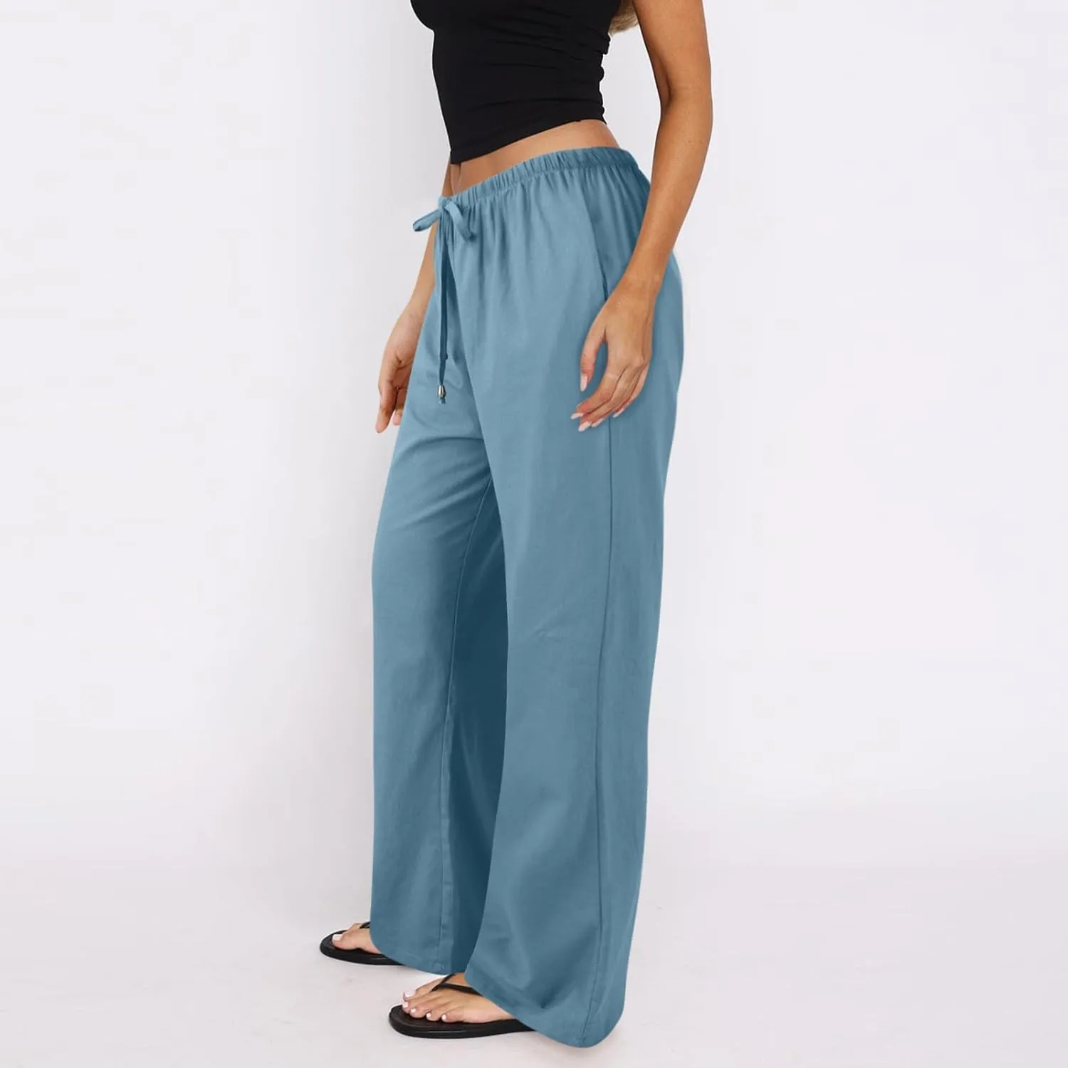 Baggy Linen Pants Women Casual Elastic High Waisted Wide Leg Palazzo Pants Lightweight Flowy Beach Pant Resort Wear