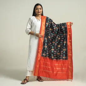Black - Handwoven Pochampally Ikat Pure Mulberry Silk Dupatta with Zari Border