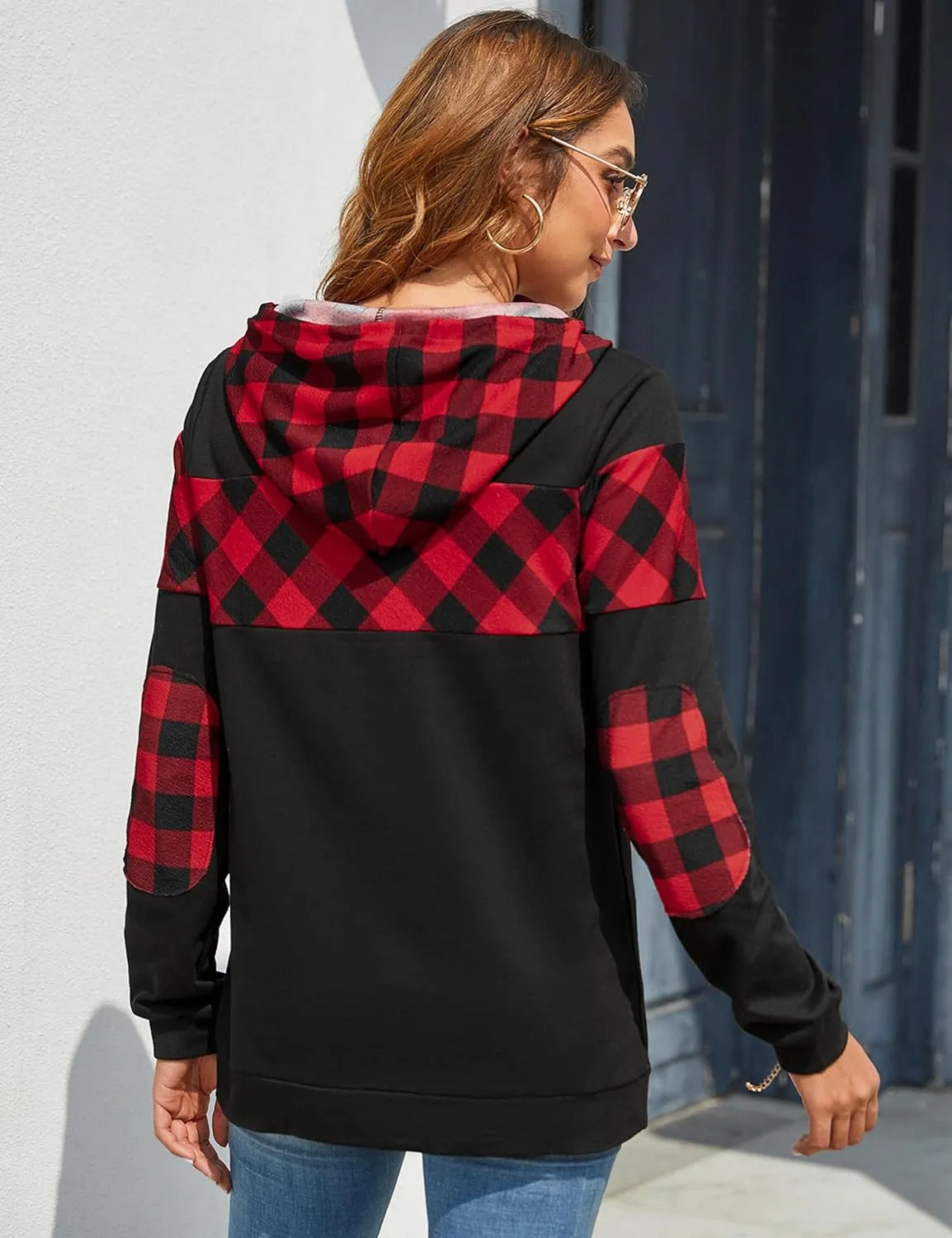 Blooming Jelly Women's Color Block Plaid Shirt Crewneck Sweatshirt Elbow Patches Pullover Sweatshirt Top