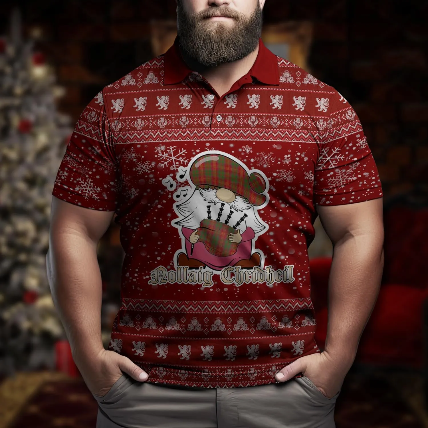 Burns Clan Christmas Family Polo Shirt with Funny Gnome Playing Bagpipes