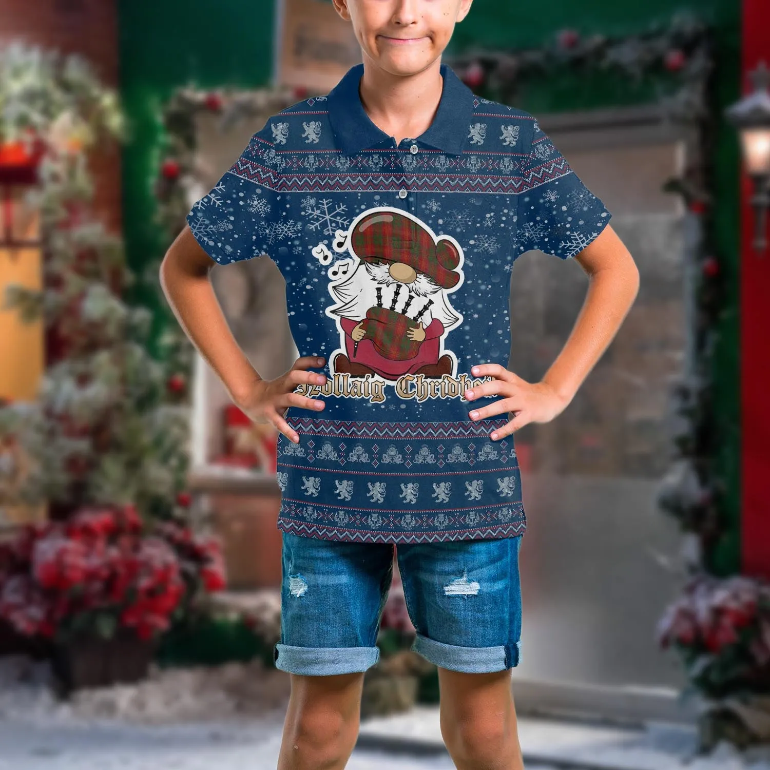 Burns Clan Christmas Family Polo Shirt with Funny Gnome Playing Bagpipes