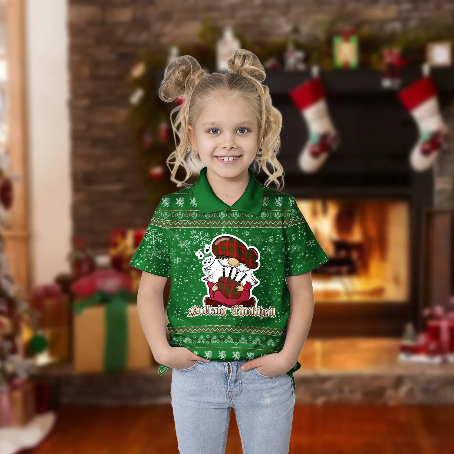Burns Clan Christmas Family Polo Shirt with Funny Gnome Playing Bagpipes