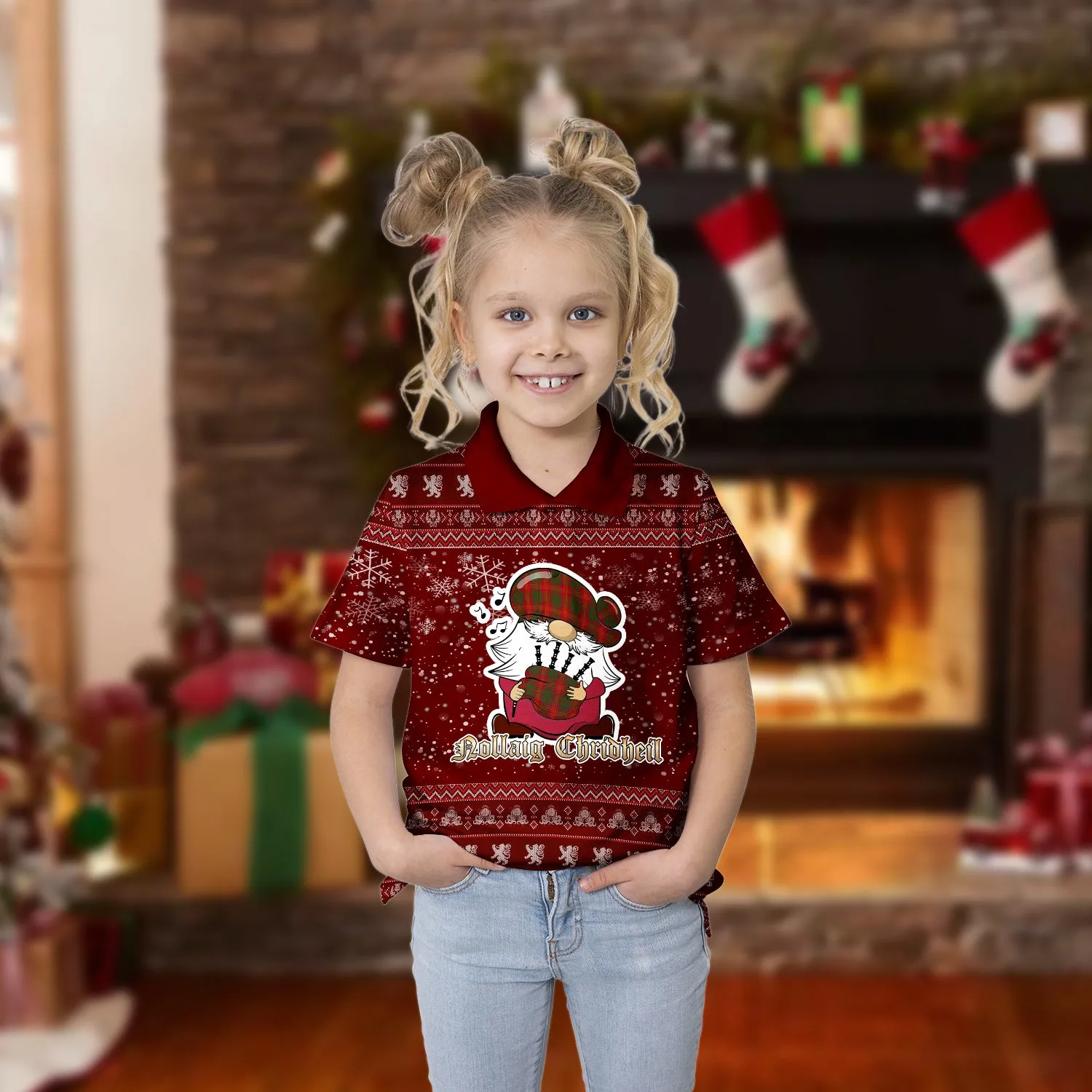 Burns Clan Christmas Family Polo Shirt with Funny Gnome Playing Bagpipes