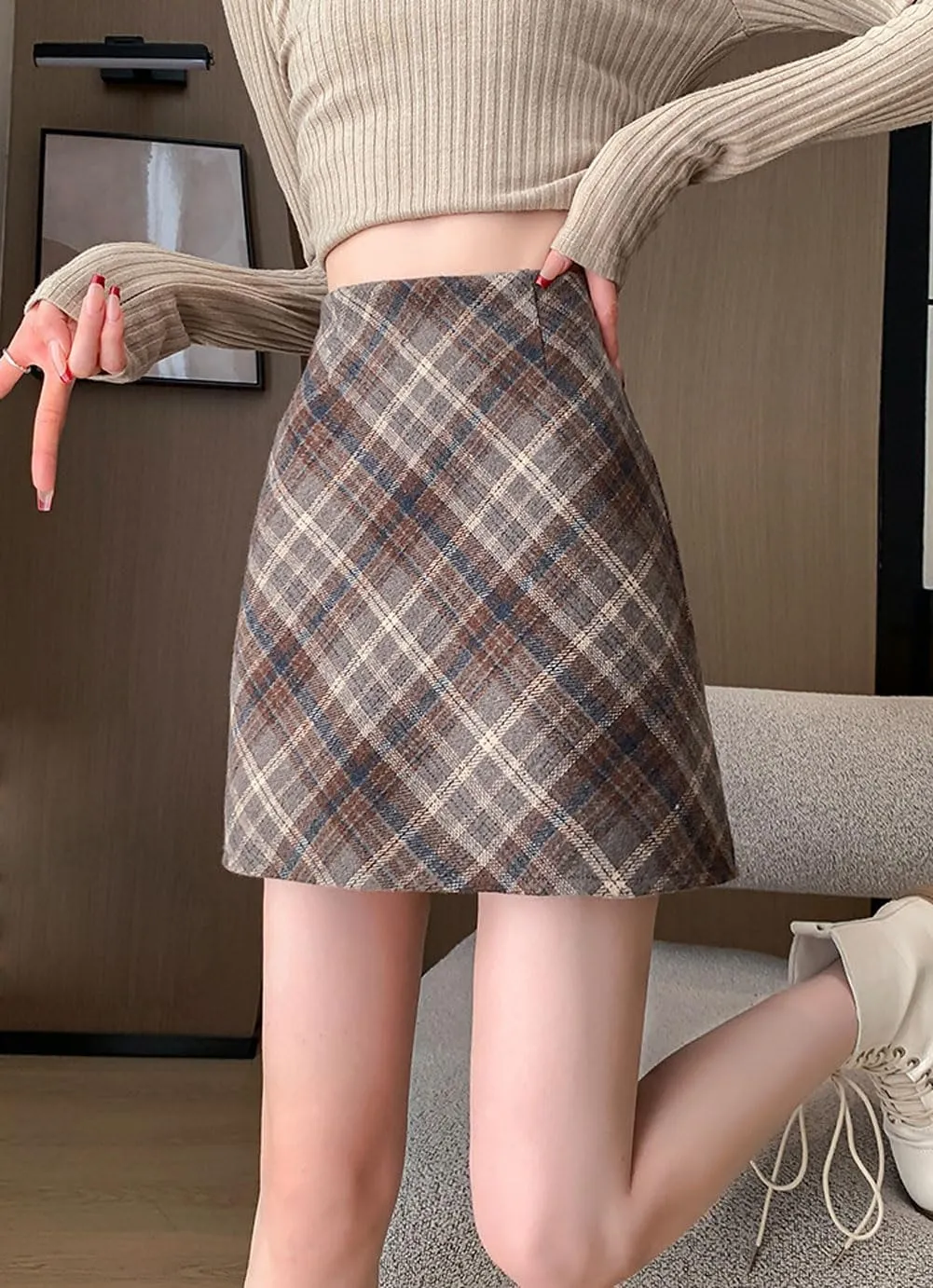 chouyatou Women's Fall Winter Mini Plaid Skirt High Waist Wool Blend Short A-Line Bodycon Pencil Skirt