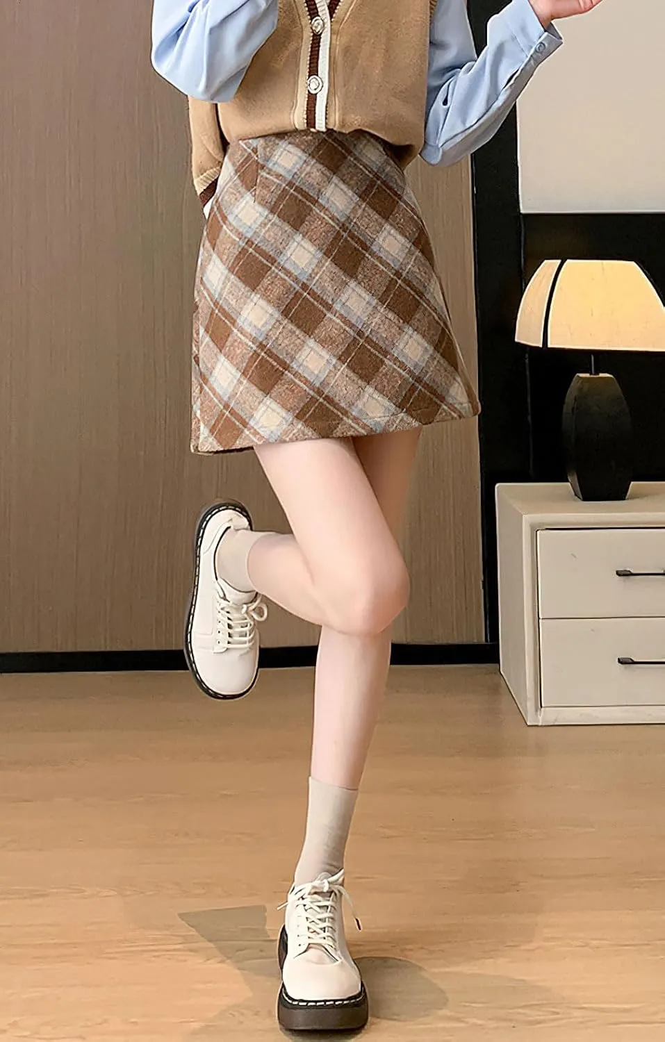 chouyatou Women's Fall Winter Mini Plaid Skirt High Waist Wool Blend Short A-Line Bodycon Pencil Skirt