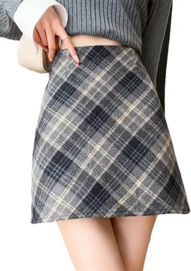 chouyatou Women's Fall Winter Mini Plaid Skirt High Waist Wool Blend Short A-Line Bodycon Pencil Skirt
