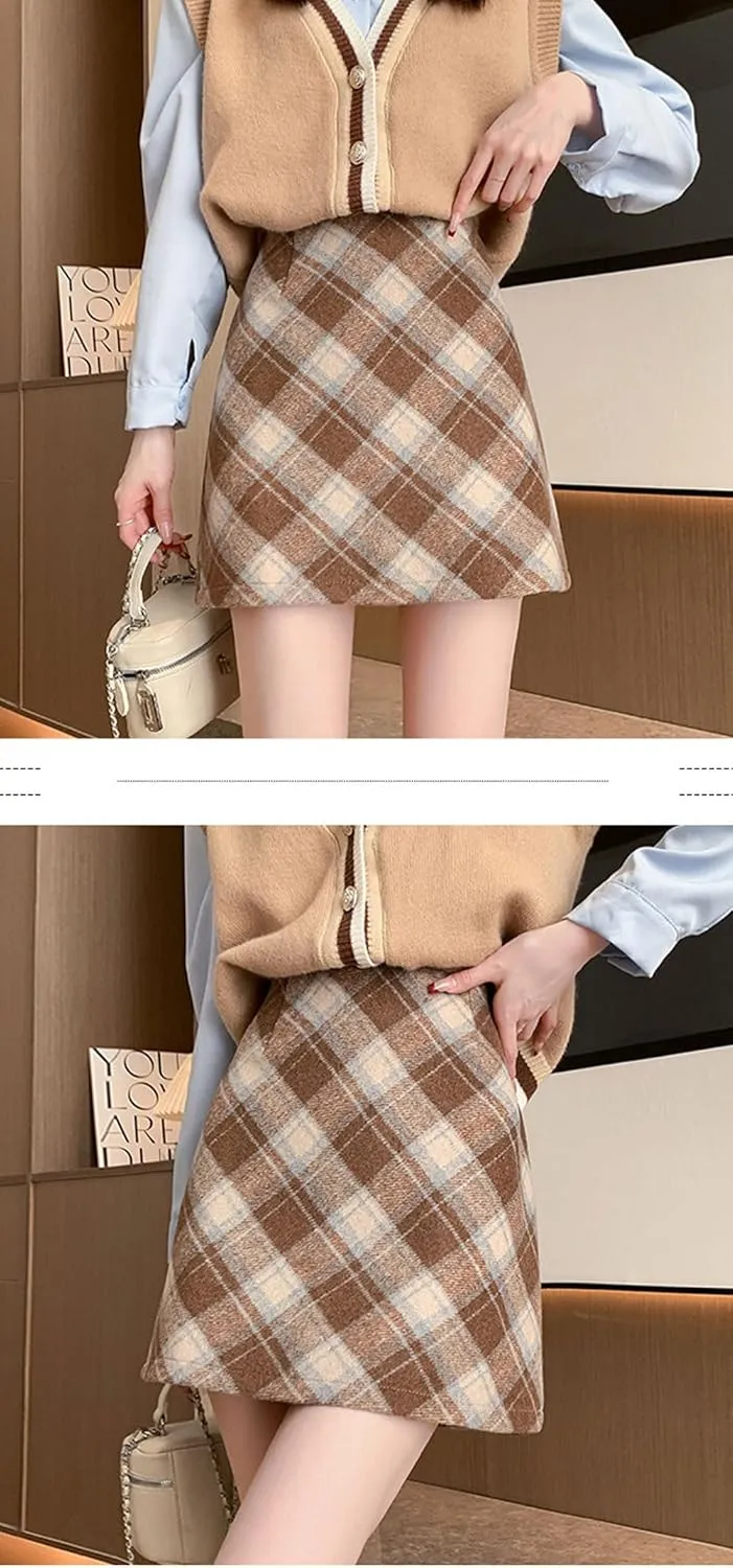 chouyatou Women's Fall Winter Mini Plaid Skirt High Waist Wool Blend Short A-Line Bodycon Pencil Skirt
