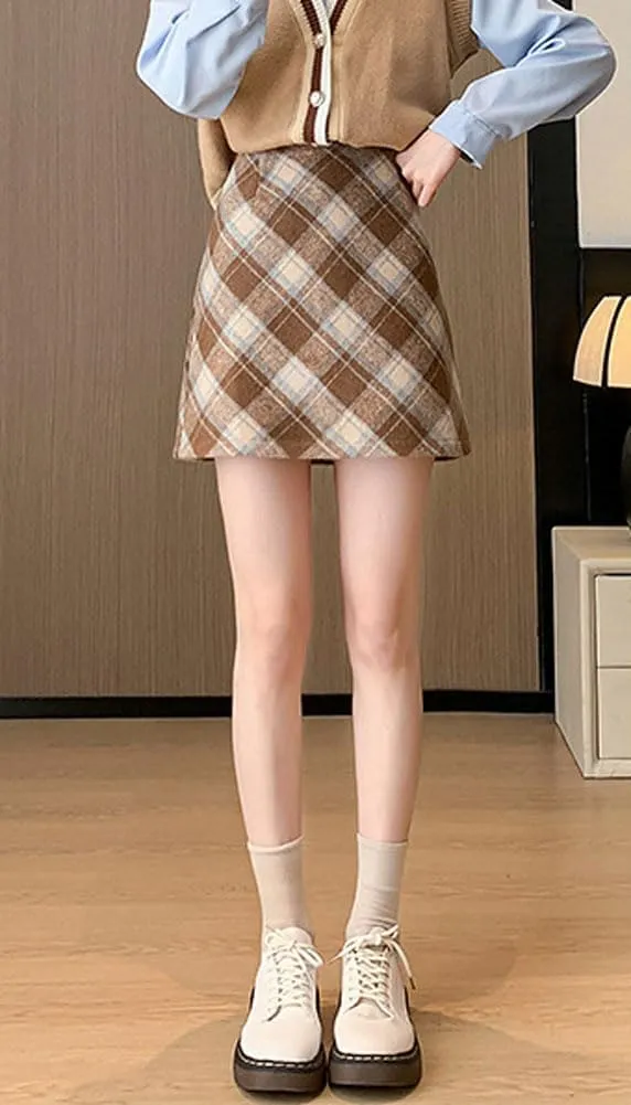 chouyatou Women's Fall Winter Mini Plaid Skirt High Waist Wool Blend Short A-Line Bodycon Pencil Skirt