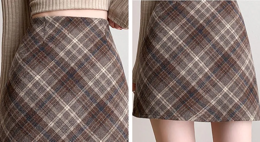 chouyatou Women's Fall Winter Mini Plaid Skirt High Waist Wool Blend Short A-Line Bodycon Pencil Skirt