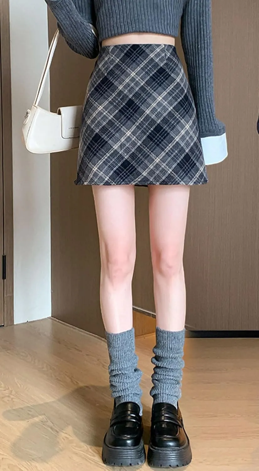 chouyatou Women's Fall Winter Mini Plaid Skirt High Waist Wool Blend Short A-Line Bodycon Pencil Skirt