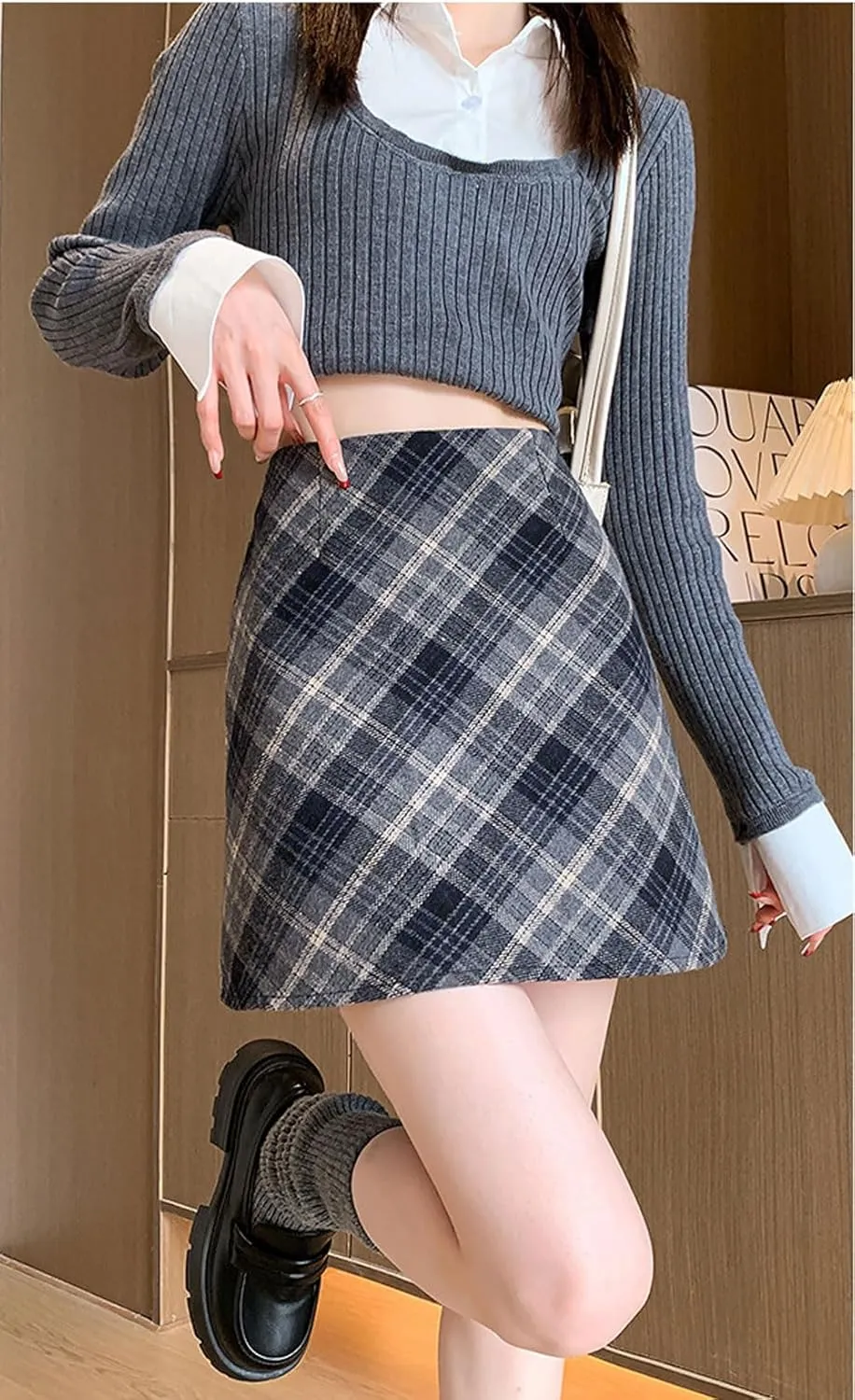 chouyatou Women's Fall Winter Mini Plaid Skirt High Waist Wool Blend Short A-Line Bodycon Pencil Skirt