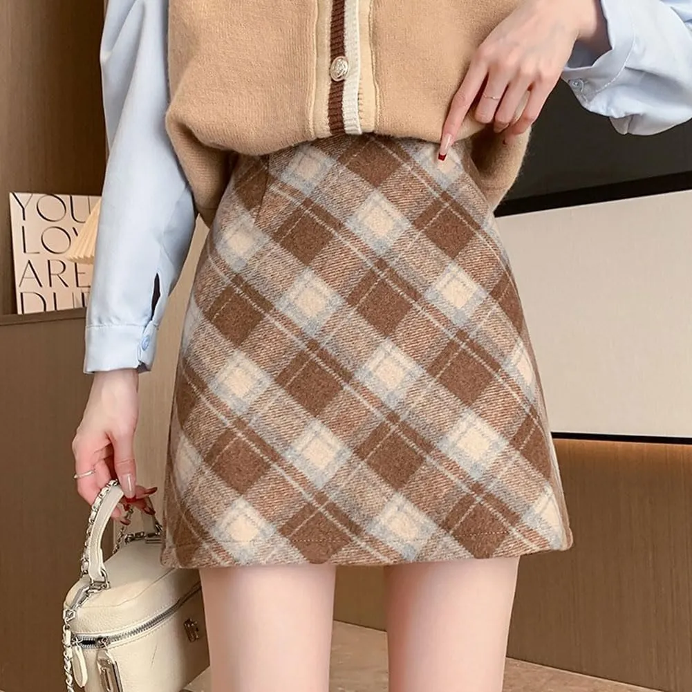 chouyatou Women's Fall Winter Mini Plaid Skirt High Waist Wool Blend Short A-Line Bodycon Pencil Skirt
