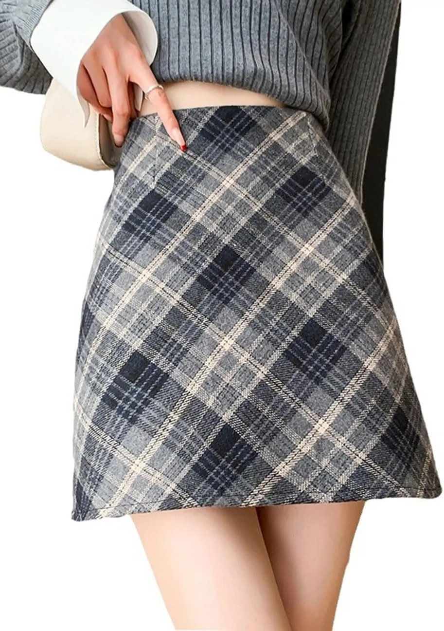 chouyatou Women's Fall Winter Mini Plaid Skirt High Waist Wool Blend Short A-Line Bodycon Pencil Skirt