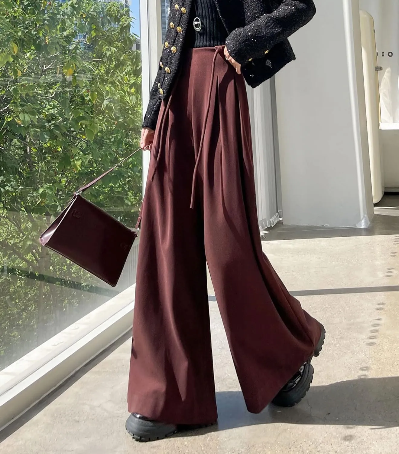 chouyatou Women's Winter Wool Wide Leg Palazzo Pants High Waisted Wool Blend Baggy Trousers Culottes