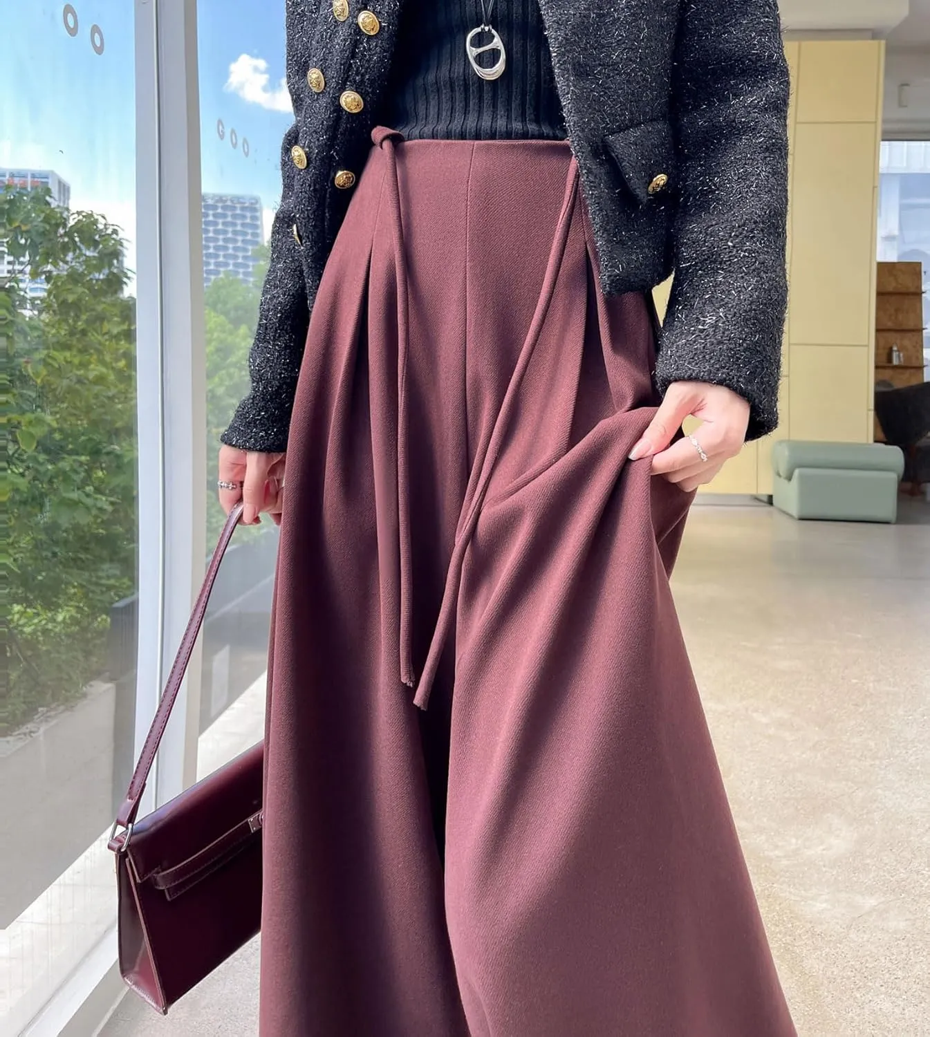 chouyatou Women's Winter Wool Wide Leg Palazzo Pants High Waisted Wool Blend Baggy Trousers Culottes