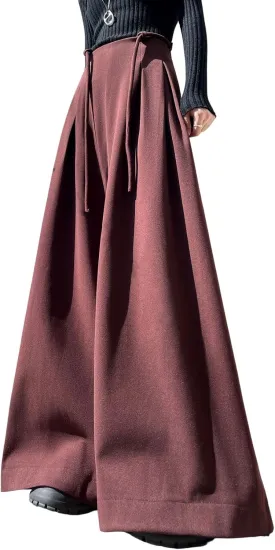 chouyatou Women's Winter Wool Wide Leg Palazzo Pants High Waisted Wool Blend Baggy Trousers Culottes