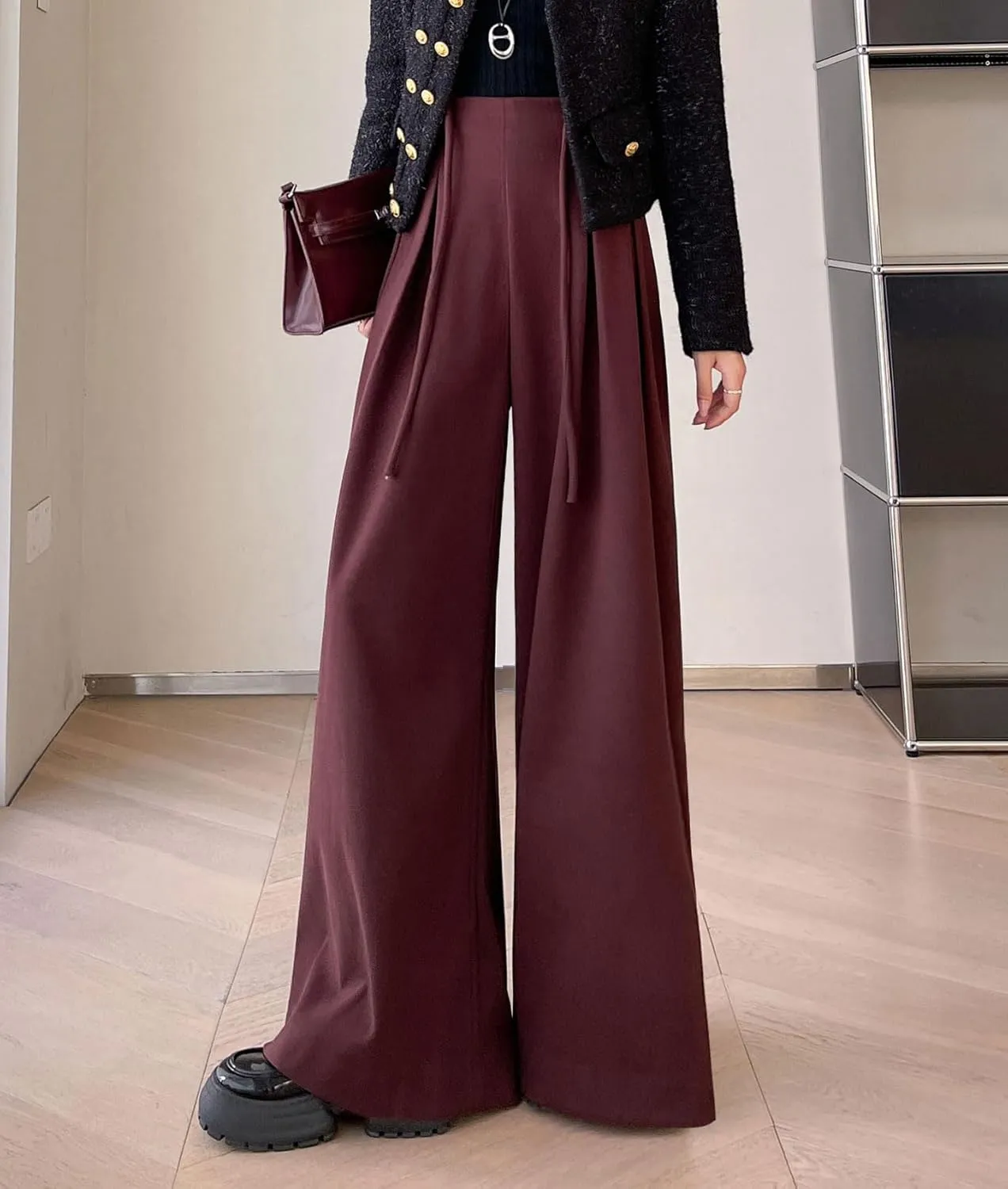 chouyatou Women's Winter Wool Wide Leg Palazzo Pants High Waisted Wool Blend Baggy Trousers Culottes