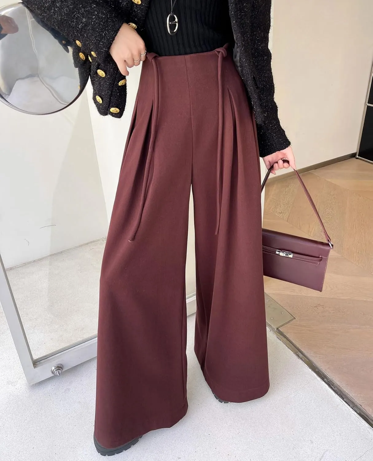 chouyatou Women's Winter Wool Wide Leg Palazzo Pants High Waisted Wool Blend Baggy Trousers Culottes