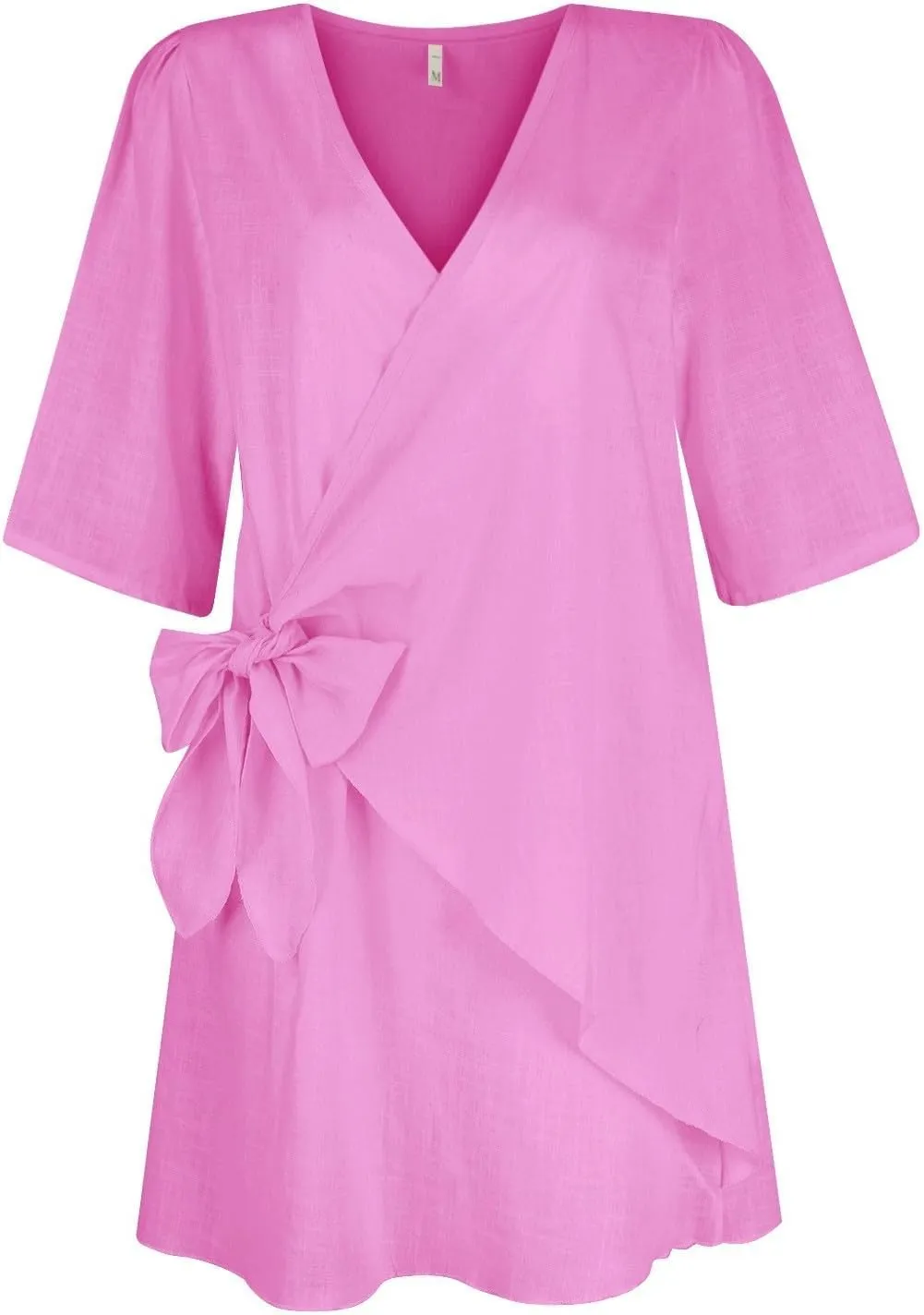 Cotton and Linen V-Neck Midi Dress Short Sleeve Wrap Tie Mini Casual Elegant Beach Work Vacation Kimonos Dresses