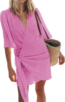 Cotton and Linen V-Neck Midi Dress Short Sleeve Wrap Tie Mini Casual Elegant Beach Work Vacation Kimonos Dresses