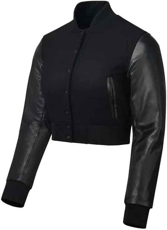 Cropped Varsity Jacket Women - Premium Quality Leather and Wool Baseball Letterman Jacket for Women's, Long Sleeve