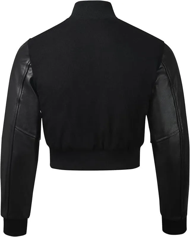 Cropped Varsity Jacket Women - Premium Quality Leather and Wool Baseball Letterman Jacket for Women's, Long Sleeve