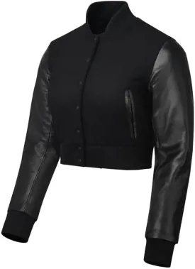 Cropped Varsity Jacket Women - Premium Quality Leather and Wool Baseball Letterman Jacket for Women's, Long Sleeve