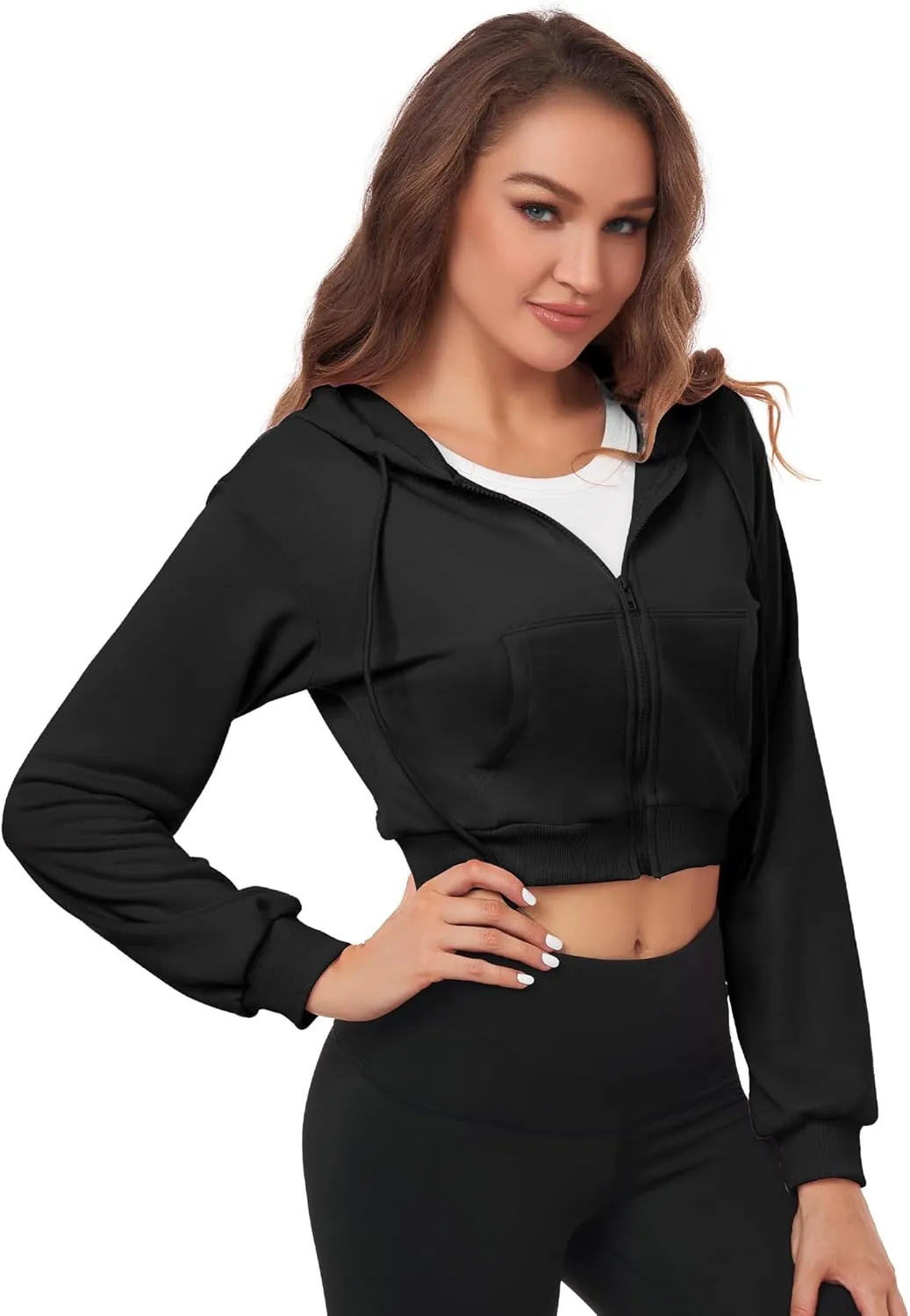 Cropped Zip Up Hoodie Women Jacket Top Sweatshirt Casual Basic Gym Workout Sport