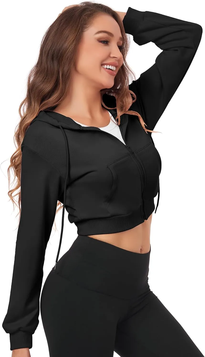 Cropped Zip Up Hoodie Women Jacket Top Sweatshirt Casual Basic Gym Workout Sport