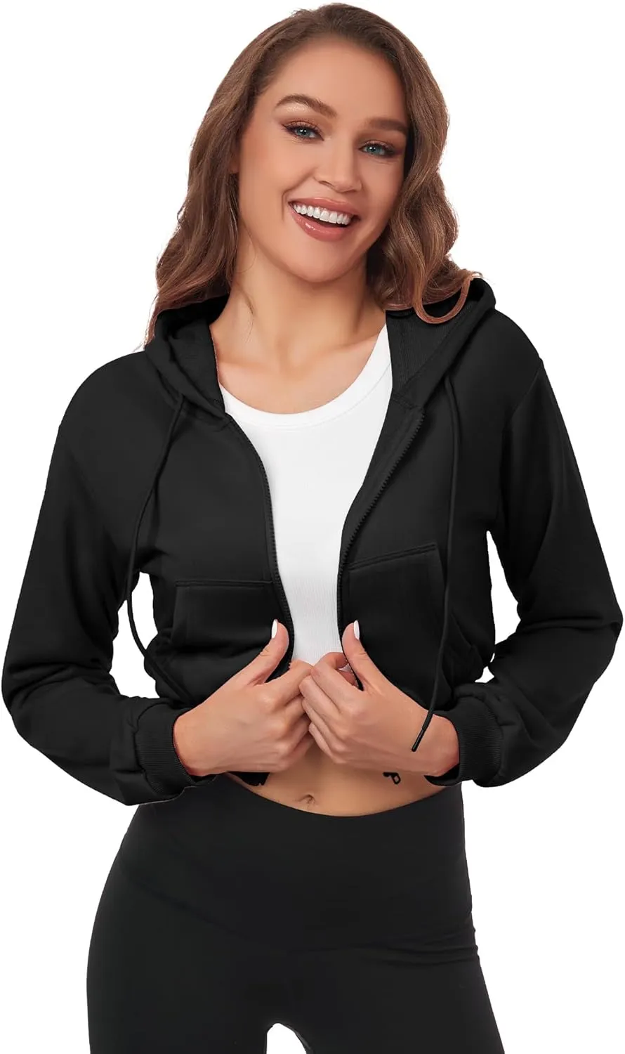 Cropped Zip Up Hoodie Women Jacket Top Sweatshirt Casual Basic Gym Workout Sport