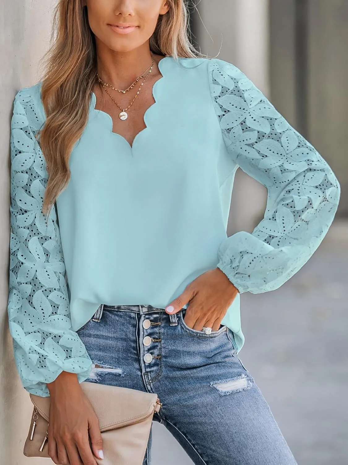 CUPSHE Women Floral Lace Scalloped Top Long Sleeve Shirts V Neck Blouses