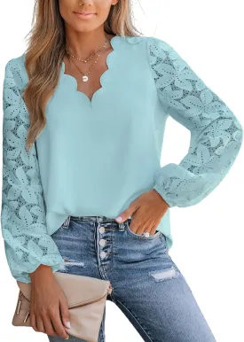 CUPSHE Women Floral Lace Scalloped Top Long Sleeve Shirts V Neck Blouses
