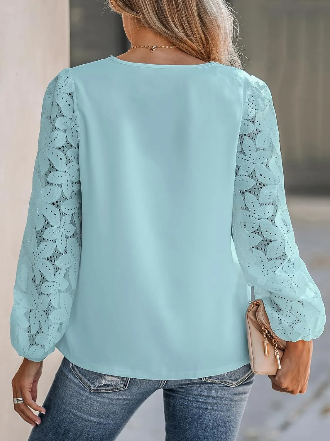 CUPSHE Women Floral Lace Scalloped Top Long Sleeve Shirts V Neck Blouses
