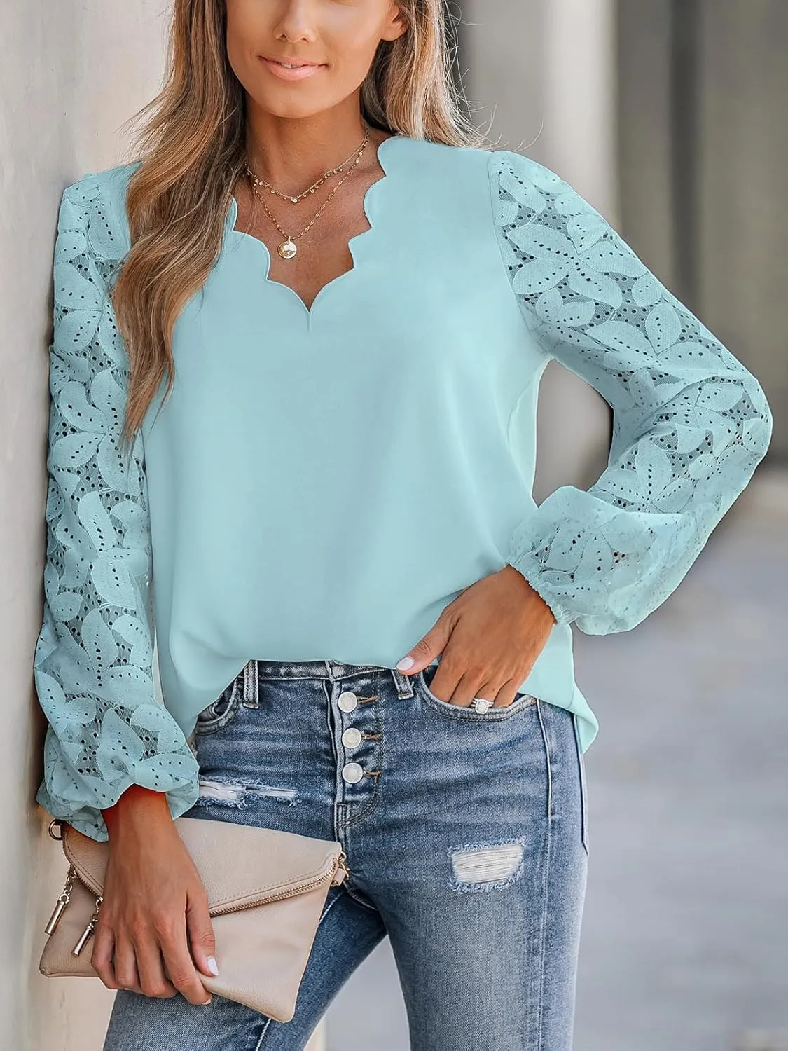 CUPSHE Women Floral Lace Scalloped Top Long Sleeve Shirts V Neck Blouses