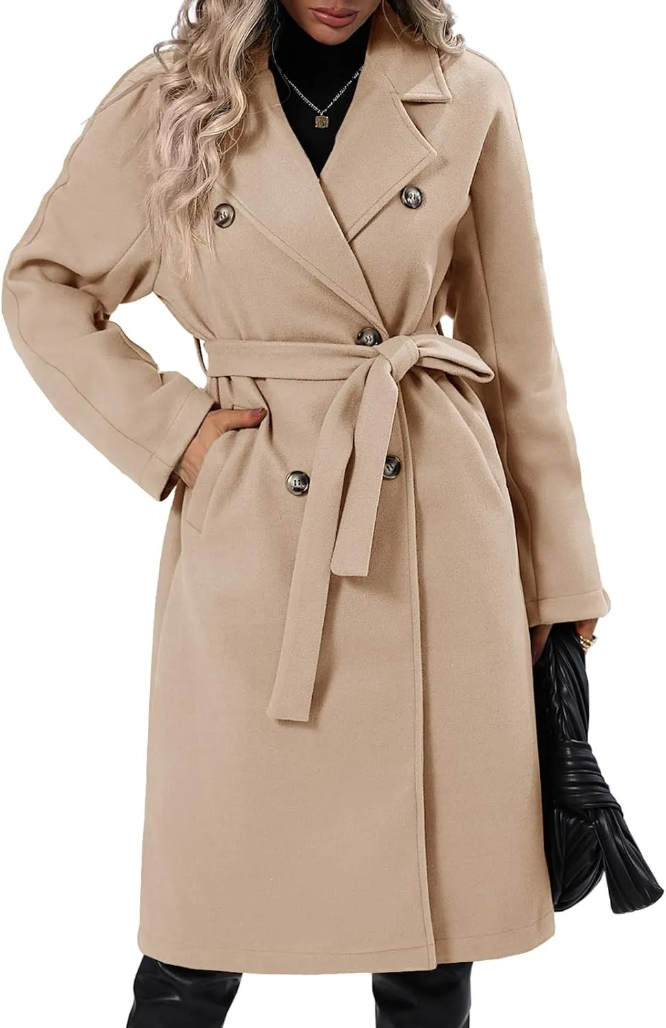 Danedvi Women Elegant Wool Pea Coat Lapel Collar Double Breasted Mid-Long Winter Overcoats with Belted Pockets