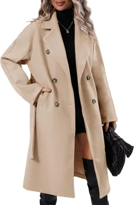 Danedvi Women Elegant Wool Pea Coat Lapel Collar Double Breasted Mid-Long Winter Overcoats with Belted Pockets