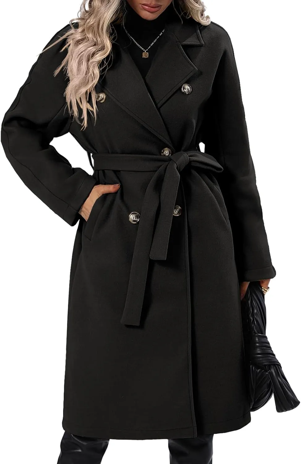 Danedvi Women Elegant Wool Pea Coat Lapel Collar Double Breasted Mid-Long Winter Overcoats with Belted Pockets