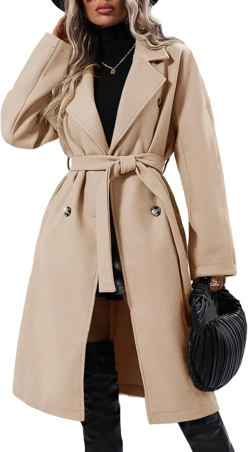 Danedvi Women Elegant Wool Pea Coat Lapel Collar Double Breasted Mid-Long Winter Overcoats with Belted Pockets