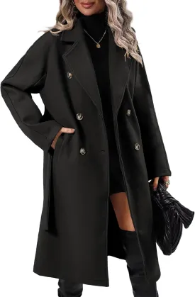 Danedvi Women Elegant Wool Pea Coat Lapel Collar Double Breasted Mid-Long Winter Overcoats with Belted Pockets
