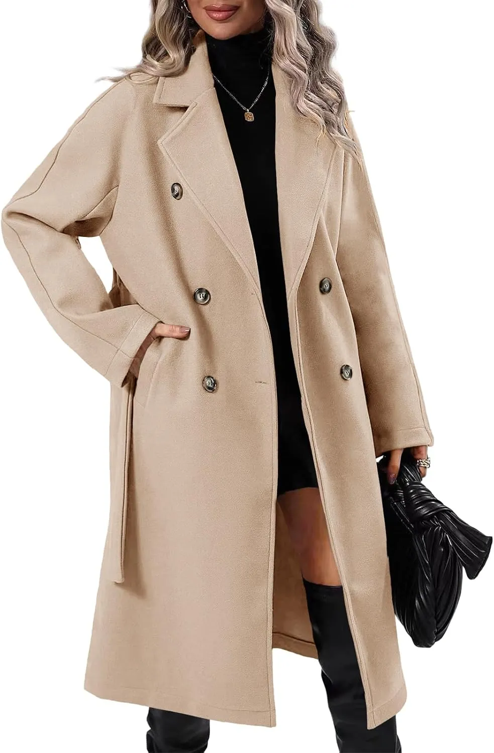 Danedvi Women Elegant Wool Pea Coat Lapel Collar Double Breasted Mid-Long Winter Overcoats with Belted Pockets