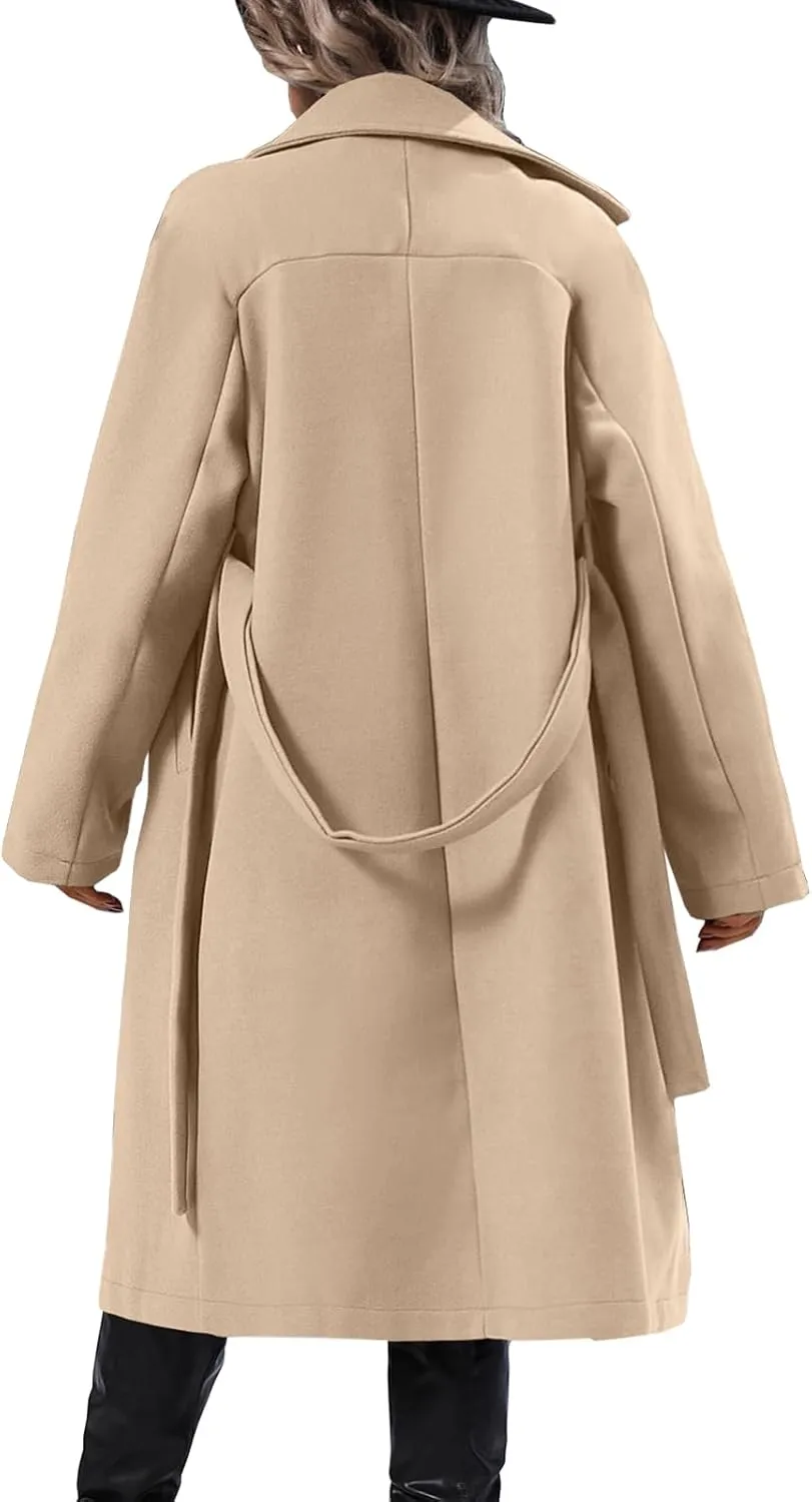 Danedvi Women Elegant Wool Pea Coat Lapel Collar Double Breasted Mid-Long Winter Overcoats with Belted Pockets
