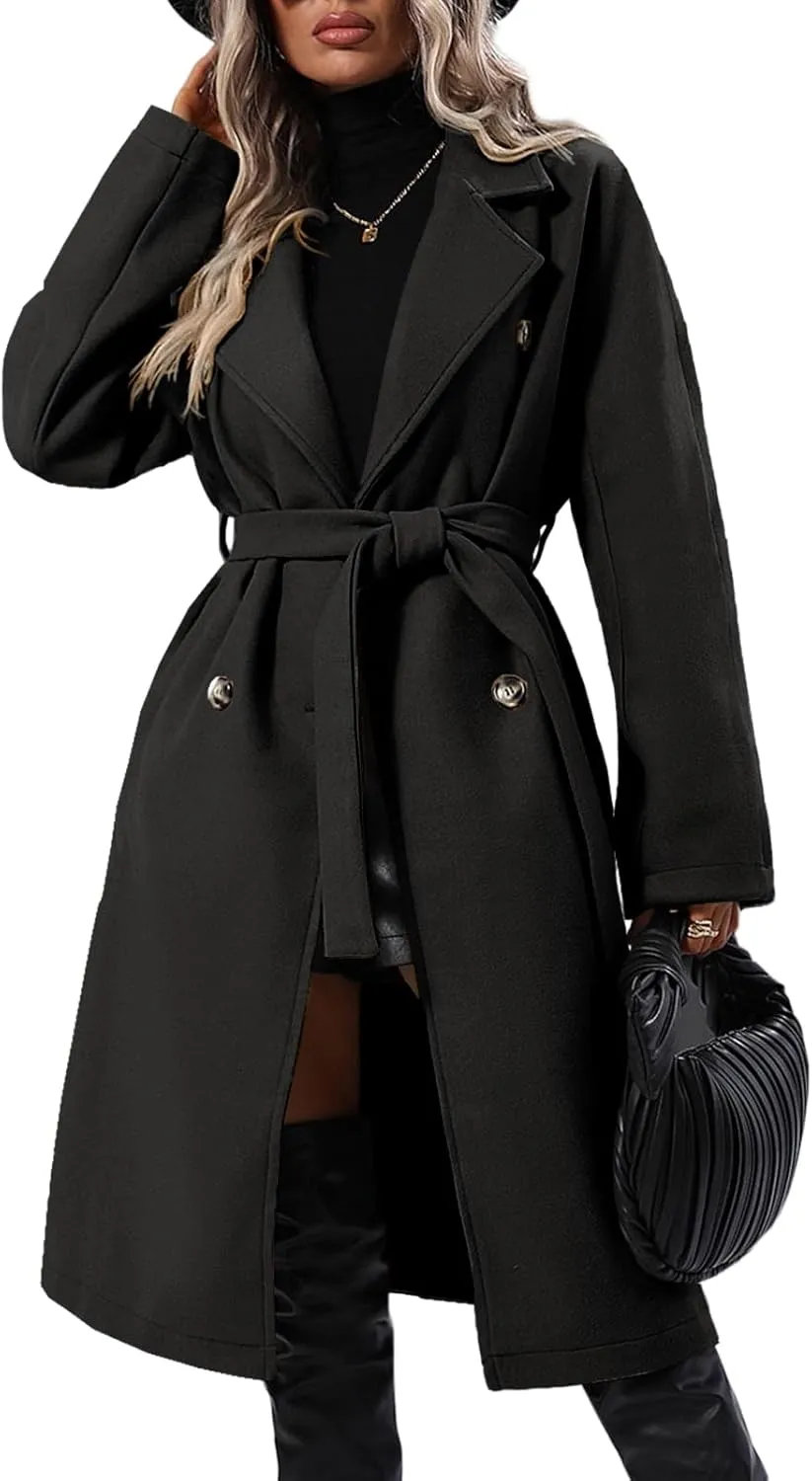 Danedvi Women Elegant Wool Pea Coat Lapel Collar Double Breasted Mid-Long Winter Overcoats with Belted Pockets
