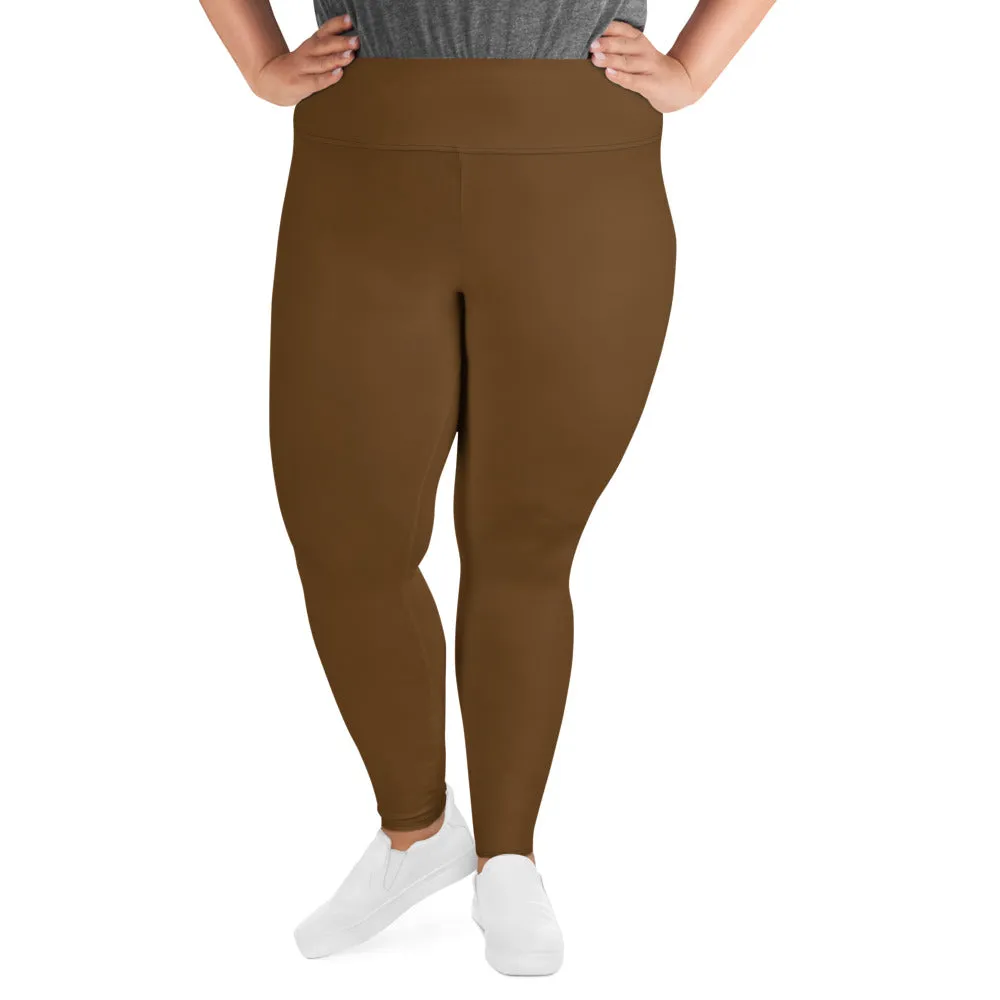 Dark Brown Long Tights, Solid Color Print Women's Plus Size Best Quality Leggings- Made in USA/EU