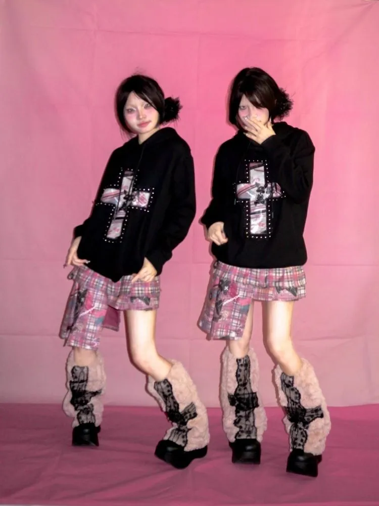 Embedded Frame Lace Cross Hooded Sweatshirt【s0000007717】