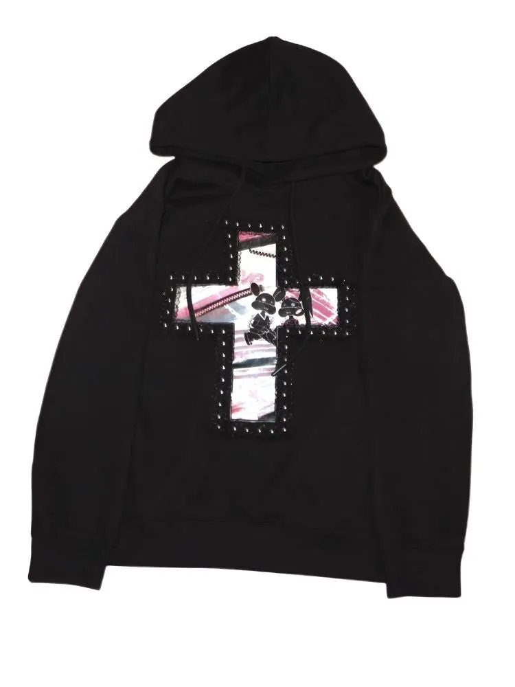 Embedded Frame Lace Cross Hooded Sweatshirt【s0000007717】